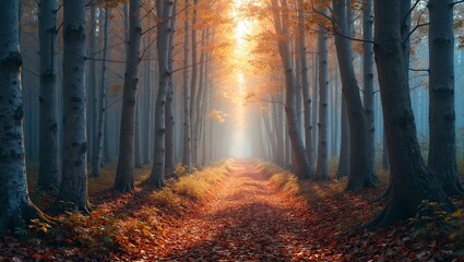 Fototapeta premium Enchanted forest with crystal bark trees shimmering in rainbow light