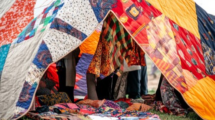 A striking scene of a colorful quilt made from various fabrics and patterns, draped over a community gathering, Symbolizing the warmth and unity created from diverse backgrounds