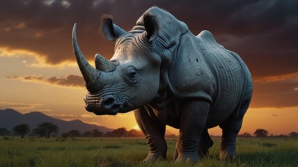 Fototapeta premium A majestic white rhinoceros stands in a grassy field at sunset, with a dramatic sky behind it.