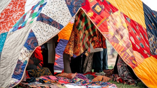 A striking scene of a colorful quilt made from various fabrics and patterns, draped over a community gathering, Symbolizing the warmth and unity created from diverse backgrounds
