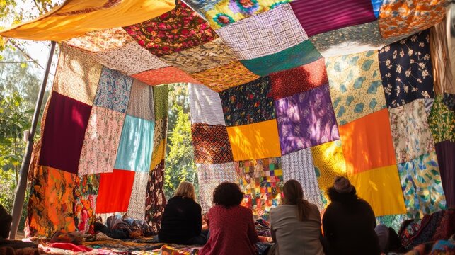 A striking scene of a colorful quilt made from various fabrics and patterns, draped over a community gathering, Symbolizing the warmth and unity created from diverse backgrounds