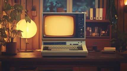 Vintage computer setup with a CRT monitor and keyboard on a wooden desk with warm lighting giving a nostalgic atmosphere
