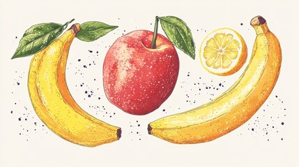 Naklejka premium Hand-drawn colorful peaches, lemons, and bananas, vector illustration