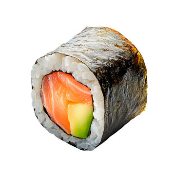 One sushi fresh maki roll with salmon and avicado on white background
