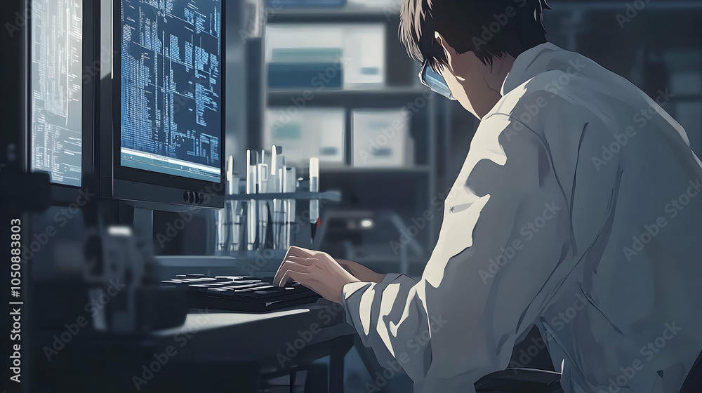 Poster close-up of a researcher analyzing data on a computer screen in a modern facility -