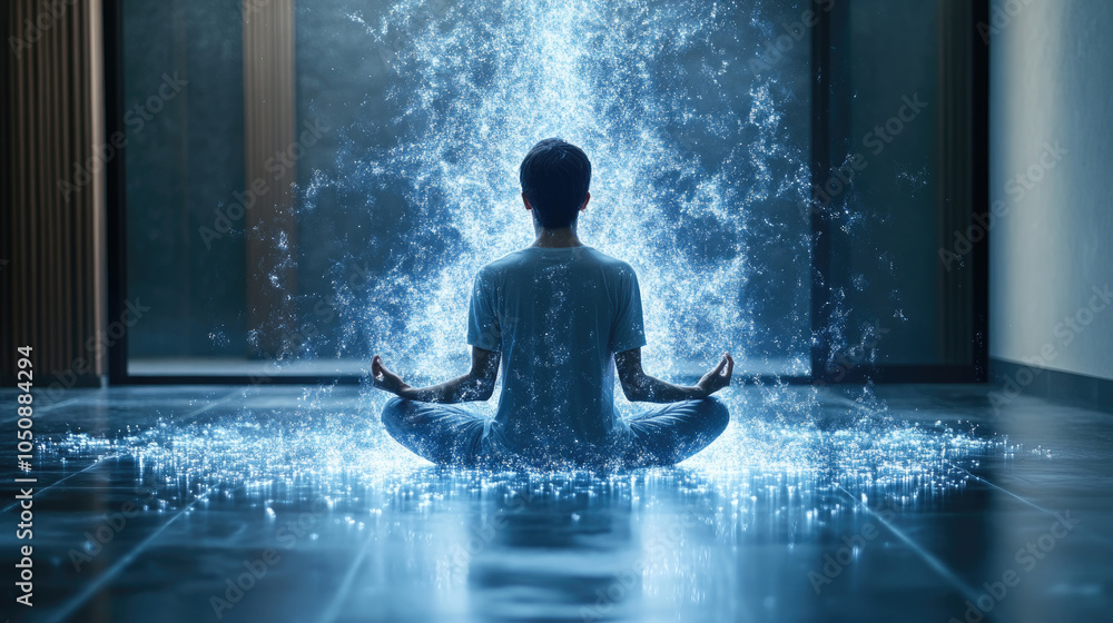 Poster a person calmly meditates, surrounded by an enchanting array of shimmering water droplets creating a