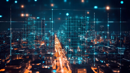 Fototapeta premium Cyberpunk cityscape showcasing advanced technology -