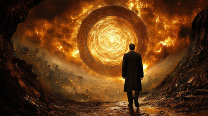 Fototapeta premium A figure in a long coat approaches a swirling, fiery portal amid the ruins of a deserted city, illuminated by an orange-hued sky