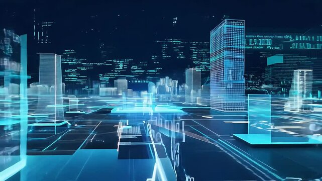4K digital animation futuristic city filled grids flying numbers representing concept business technology perfect corporate videos presentations world building blueprint information stroke network