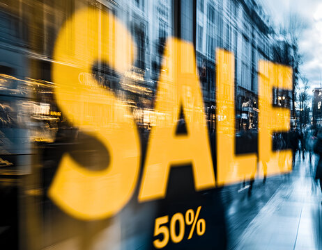Busy City 50% Shopping Sale Glass Reflection