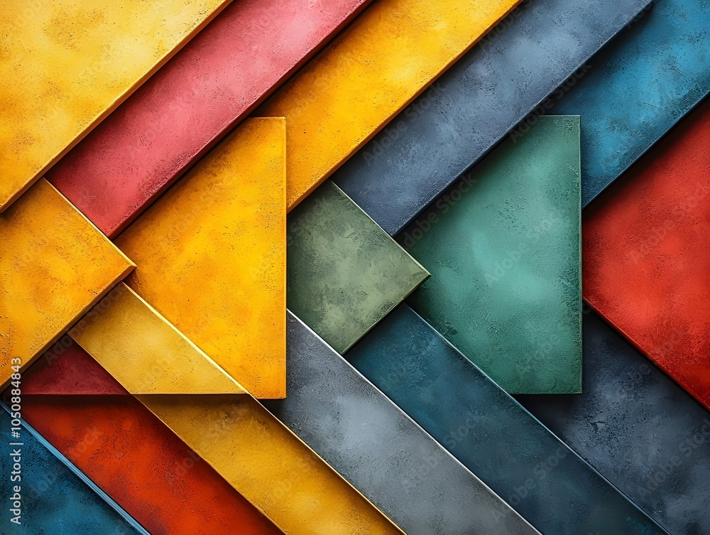 Poster a vibrant abstract composition featuring layered geometric shapes in bold colors like yellow, red, t