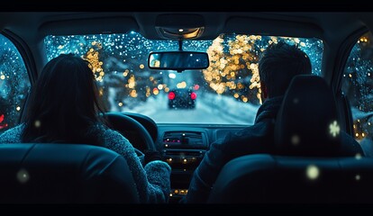 happy couple, driving home for Christmas, magic mood , view from inside of the car, from behind, wide angle lens