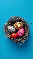 Obraz premium Easter Eggs in Nest on Blue Background-