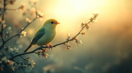 Obraz premium A small yellow bird perches on a branch of a blossoming tree, bathed in the warm glow of the morning sun.