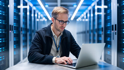 Administrator Working With Data Protection Engineering Network for Cyber Security in data center, Server Farm Cloud Computing Facility with System. AI, IT