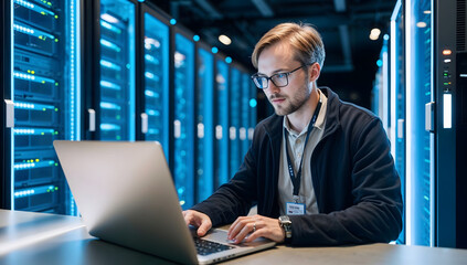 Administrator Working With Data Protection Engineering Network for Cyber Security in data center, Server Farm Cloud Computing Facility with System. AI, IT