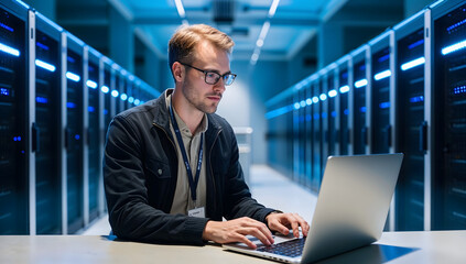 Administrator Working With Data Protection Engineering Network for Cyber Security in data center, Server Farm Cloud Computing Facility with System. AI, IT