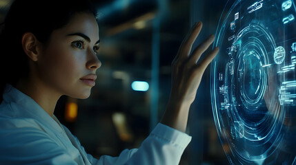 Female scientist interacting with a holographic interface in a lab environment  -