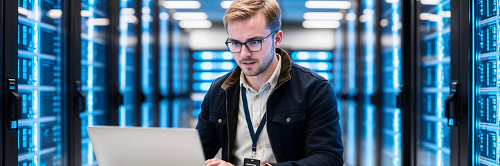 Administrator Working With Data Protection Engineering Network for Cyber Security in data center, Server Farm Cloud Computing Facility with System. AI, IT