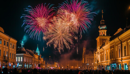 Naklejka premium Christmas Square comes alive with the bright lights of fireworks that sparkle in the night sky