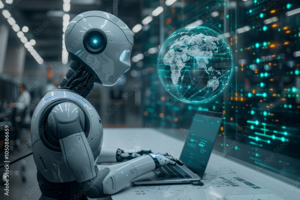 Aufkleber in a modern laboratory, a futuristic ai robot is conducting data analysis on a cuttingedge touchscre