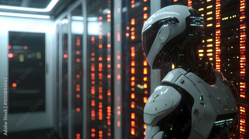 Poster futuristic robot surveying a data center with glowing server racks -