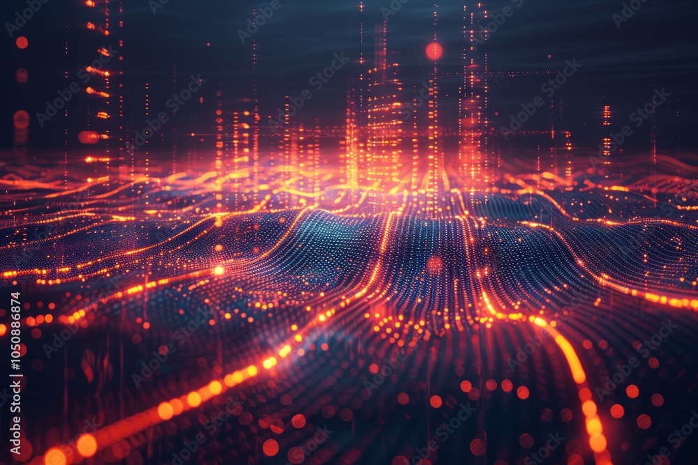 Aufkleber this is a digital background with waveforms and glowing particles, perfect for hightech and futurist