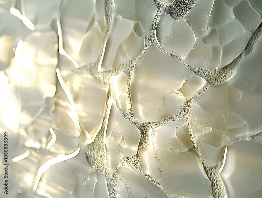 Aufkleber close-up of translucent, frosted glass fragments creating an abstract pattern with soft light reflec