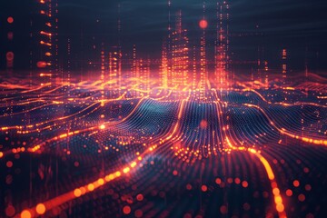 Obraz premium This is a digital background with waveforms and glowing particles, perfect for hightech and futuristic designs