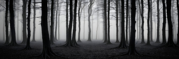 Obraz premium Spooky Halloween Forest Stunning dark forest panorama showcasing a mystical fantasy landscape, with towering ancient trees, ethereal mist swirling through the underbrush, ambient lighting.