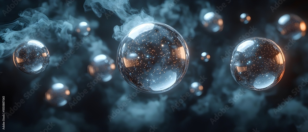 Poster a mesmerizing array of translucent bubbles suspended in a dark, smoky backdrop, with glimmering star