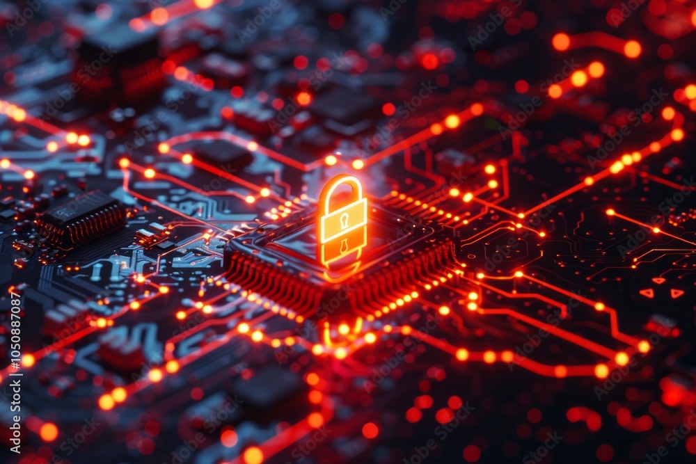 Poster glowing padlock on a digital circuit board to represent advanced cybersecurity.
