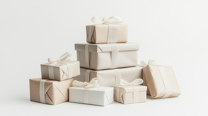 Fototapeta premium Stack of gift boxes in kraft paper with ribbon, elegant minimalist package, gift box for birthday, wedding, anniversary,party, event,gift guide,retail idea, advertising, Christmas gifts. AI generation