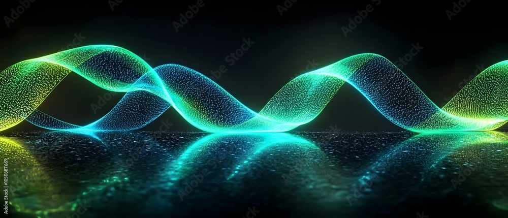 Aufkleber an abstract representation of sound waves, illuminated in green and blue hues, creating a mesmerizin
