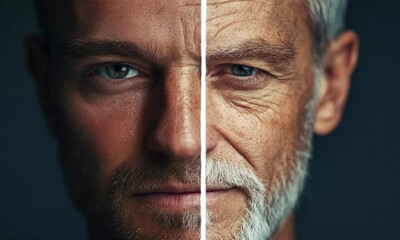 Split image depicting the transformation of a young man into an older version of himself, showcasing aging features and expressions