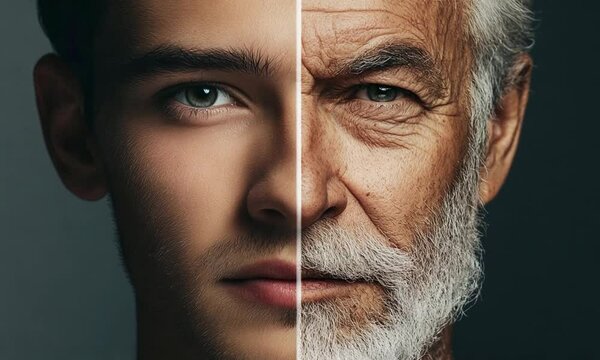 Stunning visual transformation showcasing the aging process, featuring a split portrait of a young man and an elderly man, highlighting facial features and textures.