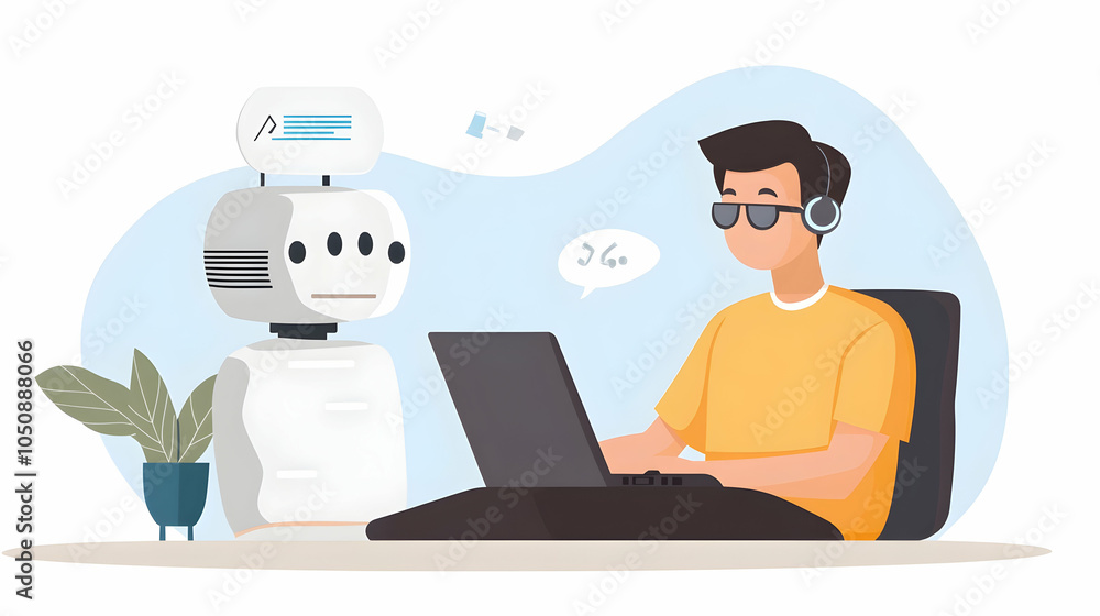 Poster man using a laptop to explore technology and ai chatbots -