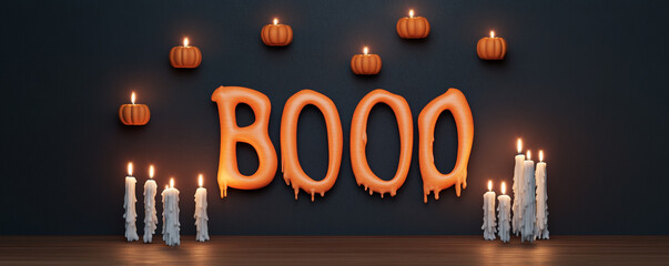 Halloween decorations with spooky letters and candles on a dark background.