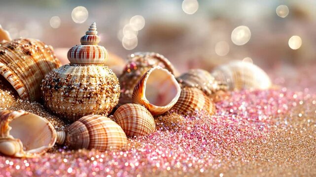 Several seashells rest on pink sand with an out of focus beach in the background