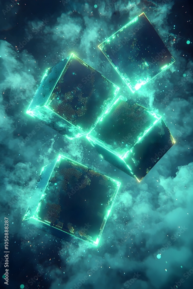 Poster a captivating abstract representation of four glowing, interconnected cubes floating amidst a cosmic