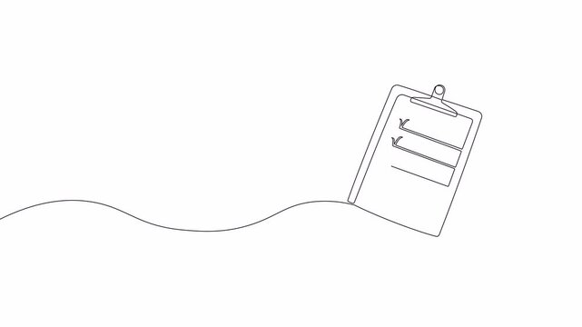 Video. Continuous clipboard line drawing with checklist, to-do list, testing and reporting concepts. . Animation on white background. 4K.
