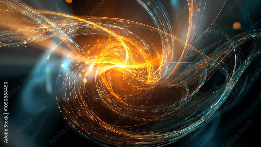 Poster a bright orange light shines through swirling lines of energy, creating a dynamic abstract backgroun