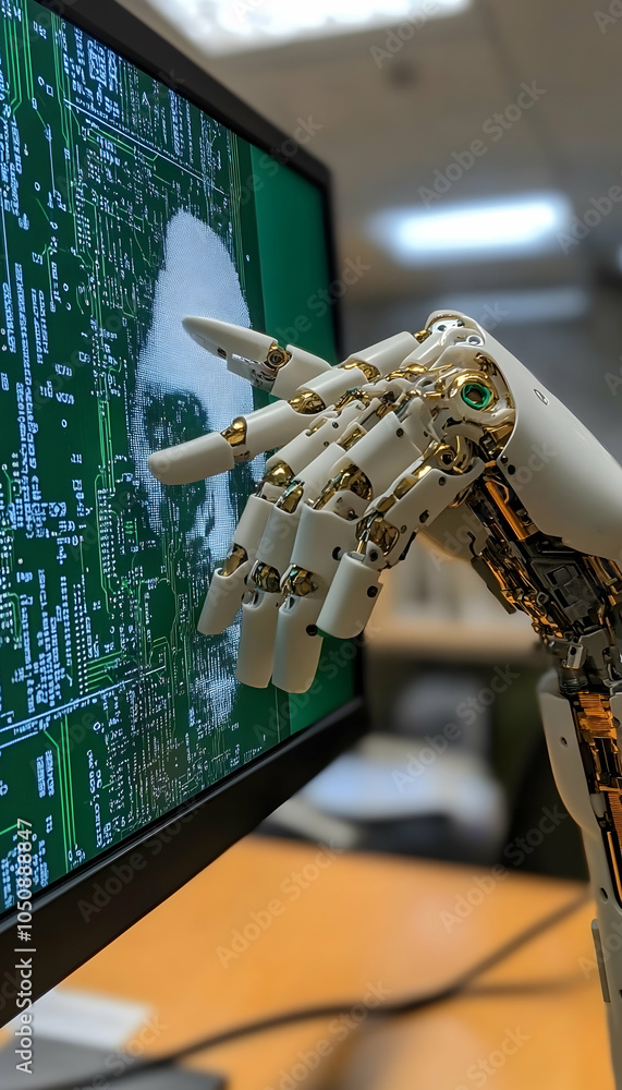Poster robotic arm with circuit board and cybernetic face on monitor-