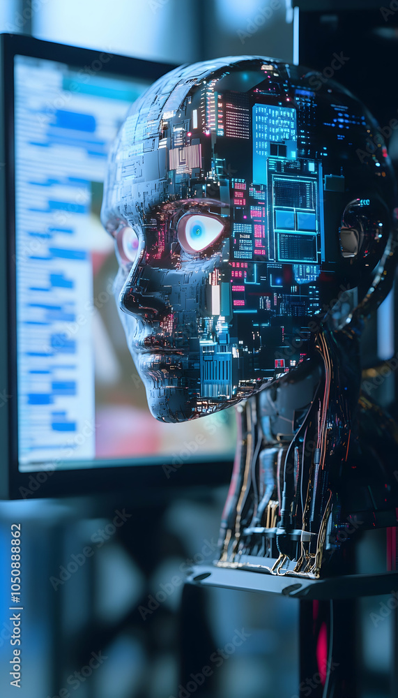 Poster robotic arm with circuit board and cybernetic face on monitor-