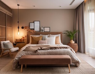 Fototapeta premium Cozy bedroom with a king-size bed, soft lighting, warm color palette, and decorative pillows