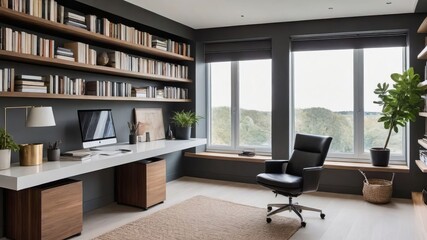 Fototapeta premium Black office chair sits in front of a desk with a computer monitor