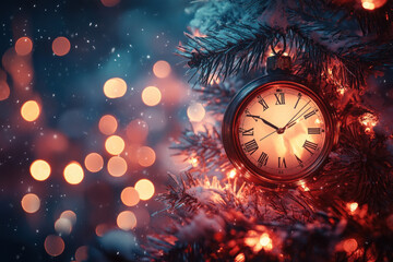 Clock hanging on festive Christmas tree, adorned with twinkling lights.