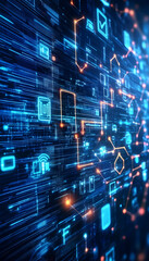 Naklejka premium Wallpaper with Interconnected Digital Network on a Deep Blue Background-