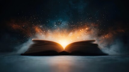An open book with universe-like luminous lights emerging, embodying the concept of infinite possibilities and the boundless realm of knowledge and magic.