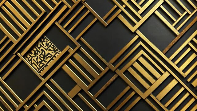 A close-up of a gold geometric pattern against a black background